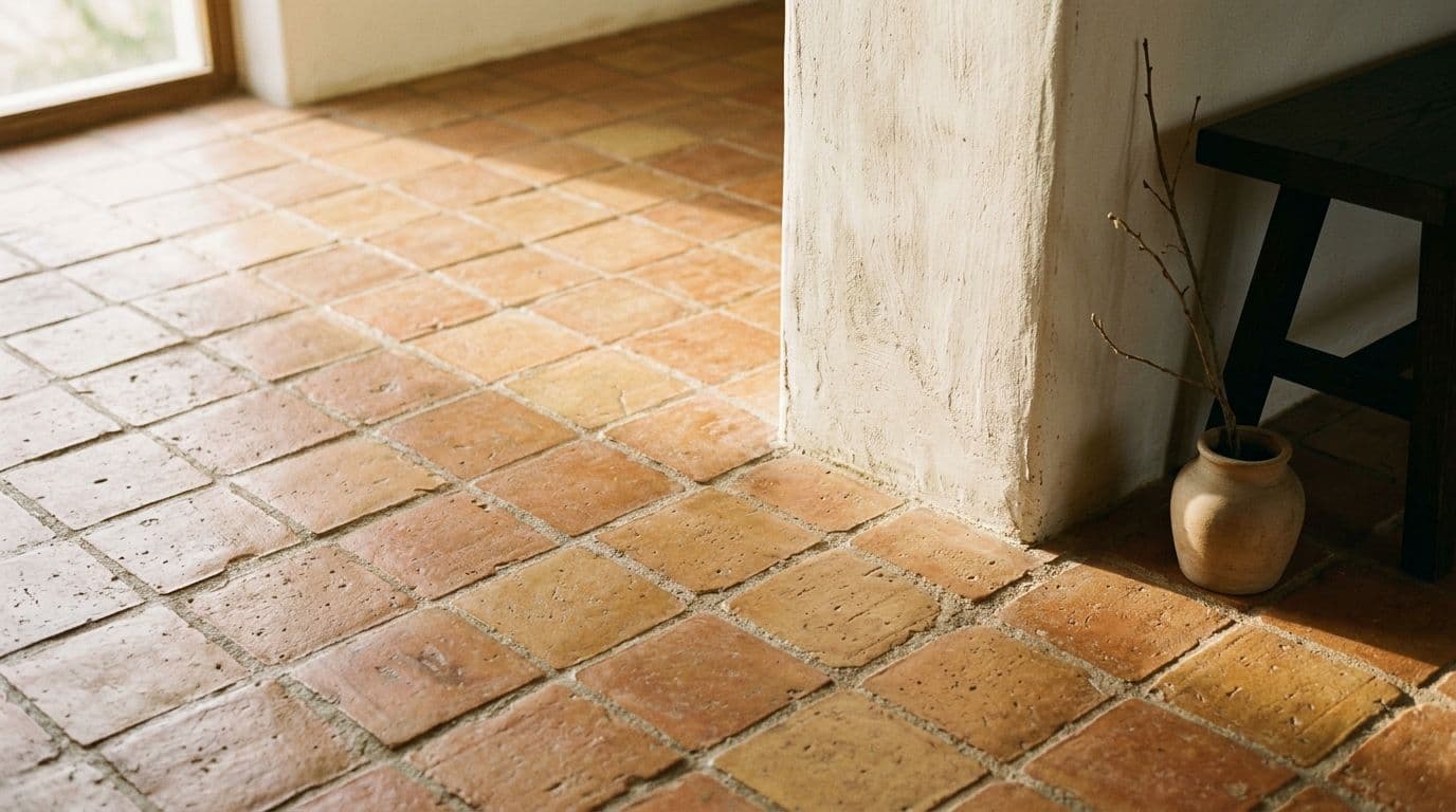Hand-laid terracotta tile floor in a sunlit Japandi-Indian interior