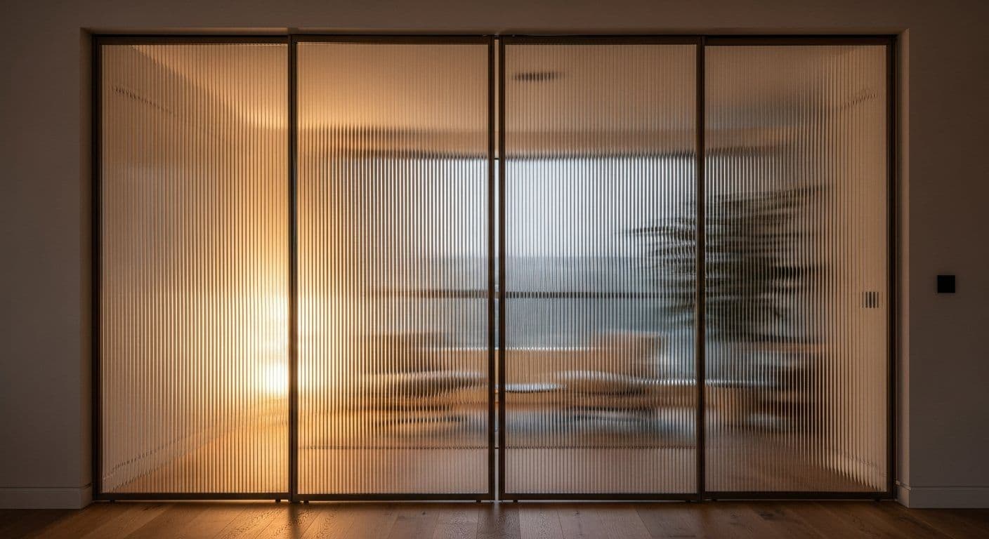 Floor-to-ceiling fluted glass sliding partition in slim bronze frames