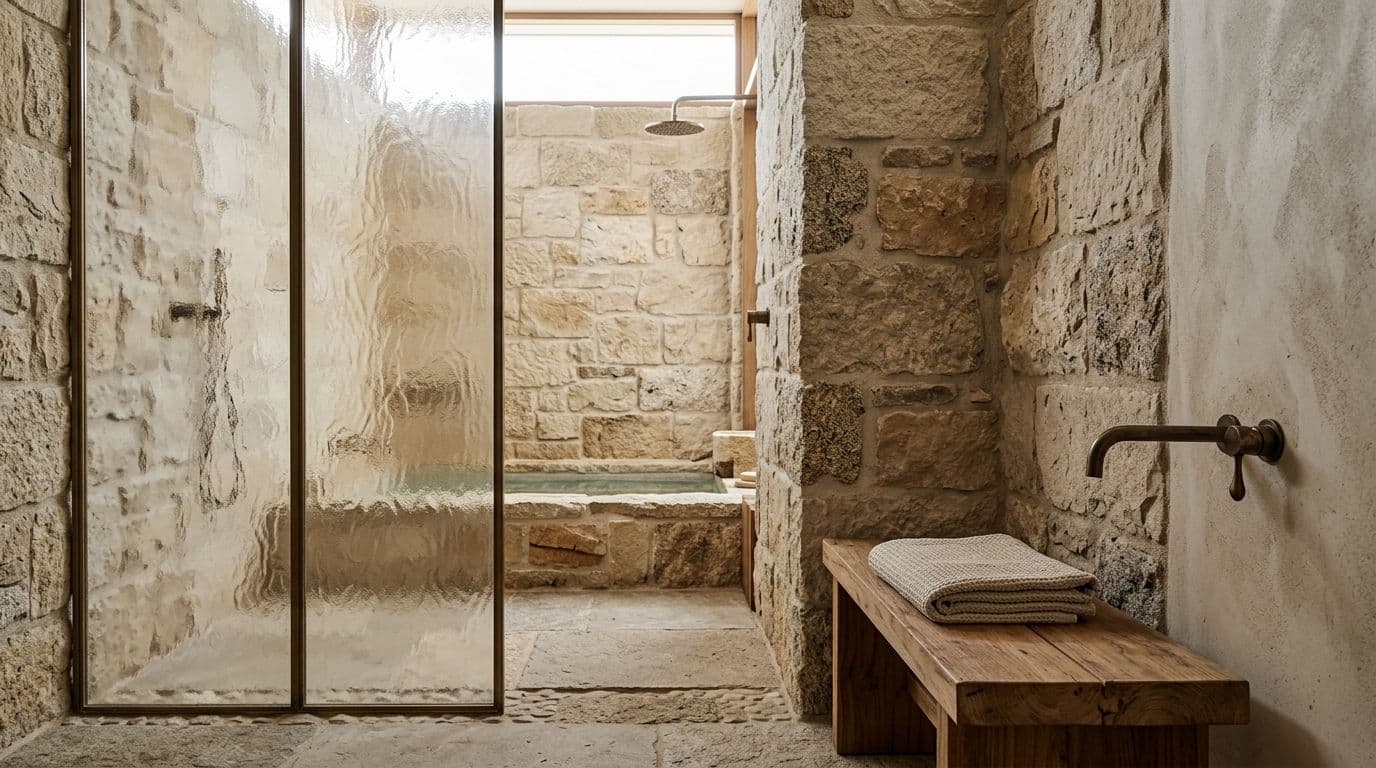 Textured glass partition meeting hand-laid stone with a teak bench