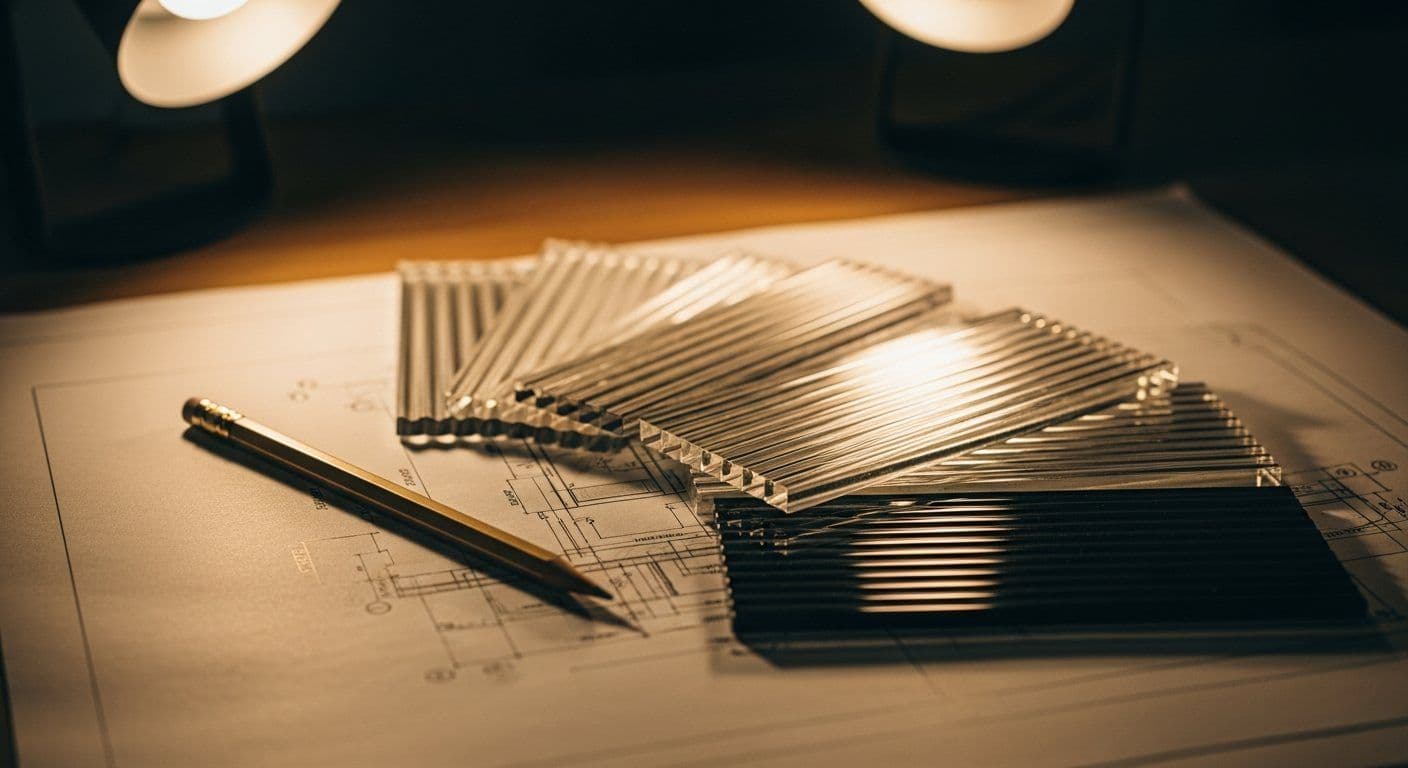 Fluted glass sample panels fanned across technical drawings on an architect's desk