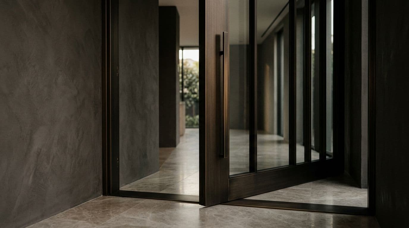 Closed face of a tall bronze-and-glass pivot door in a warm-charcoal threshold
