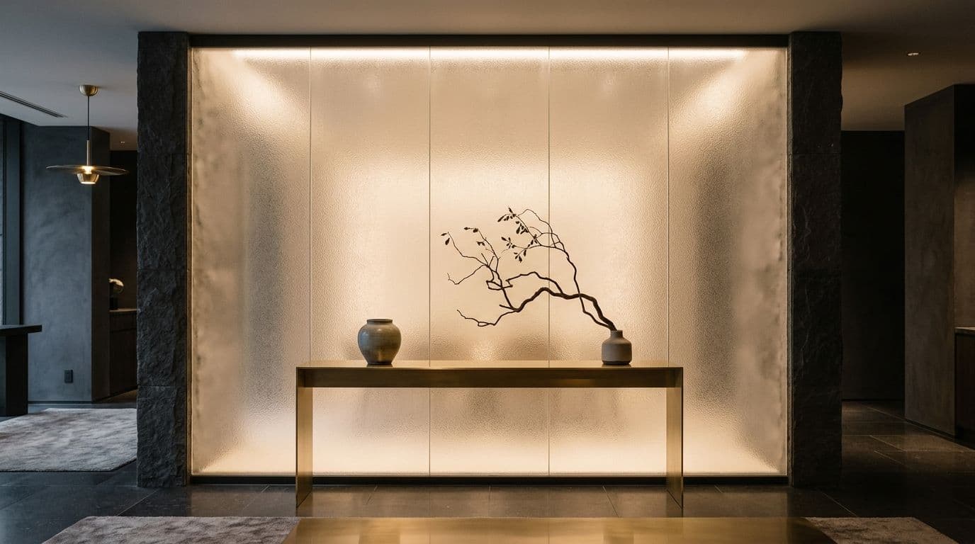 Backlit textured glass feature wall in a luxury hospitality lobby