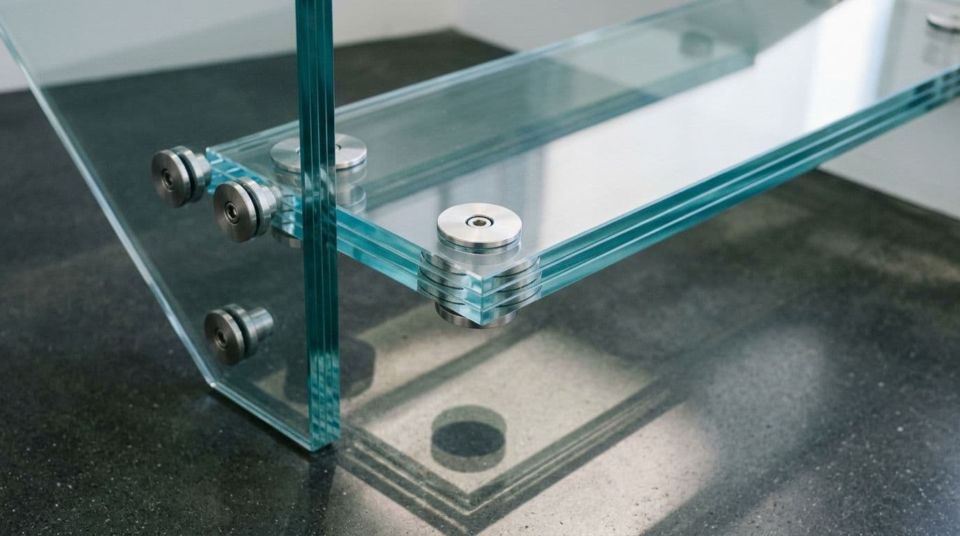 Detail of a low-iron laminated glass stair tread on stainless point fixings