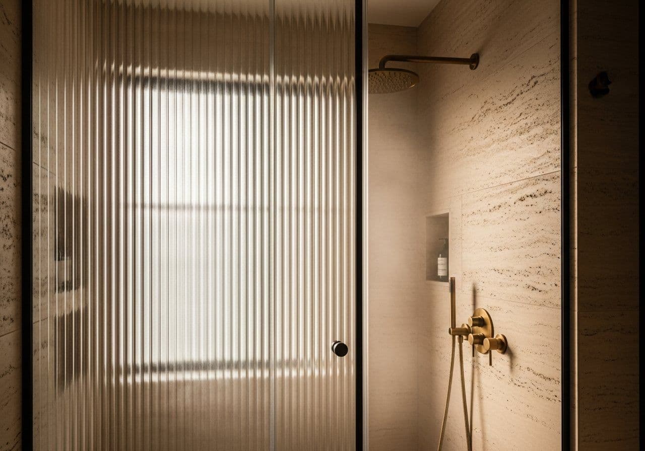 Walk-in shower enclosure in fluted glass with slim black profiles and brass fittings