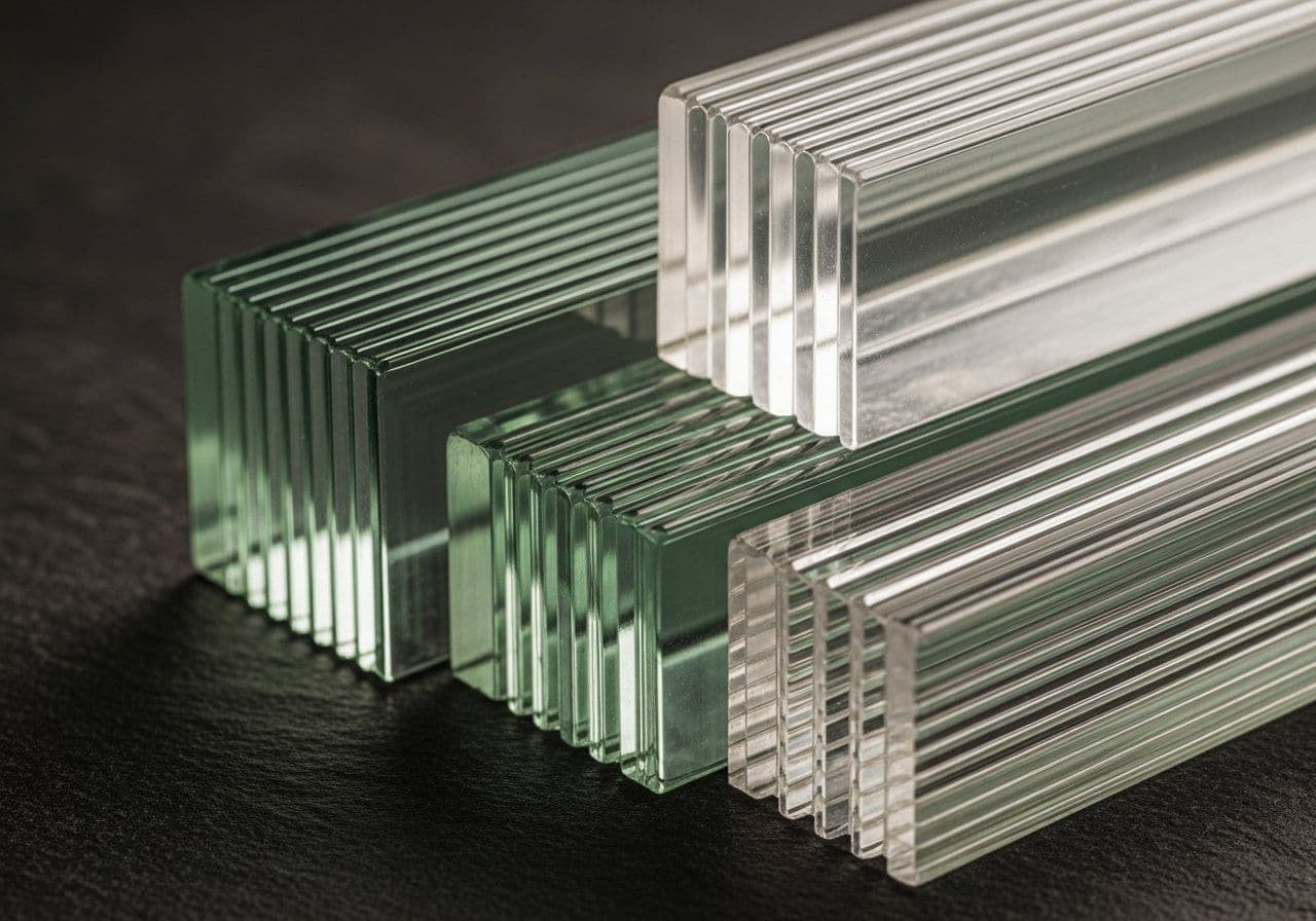Cross-section edges of fluted glass showing channel depths and float versus low-iron tint
