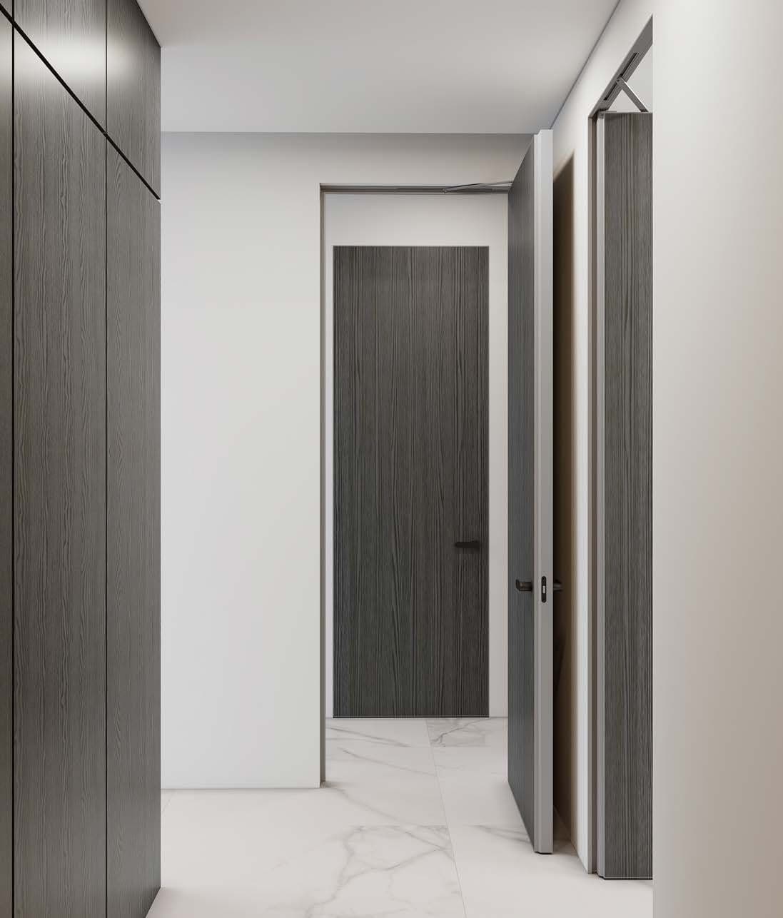 Odette in a grey corridor, flush both sides