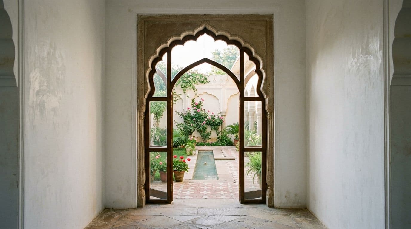 Threshold of a Rajasthani haveli with pointed-arch doorway to a courtyard garden