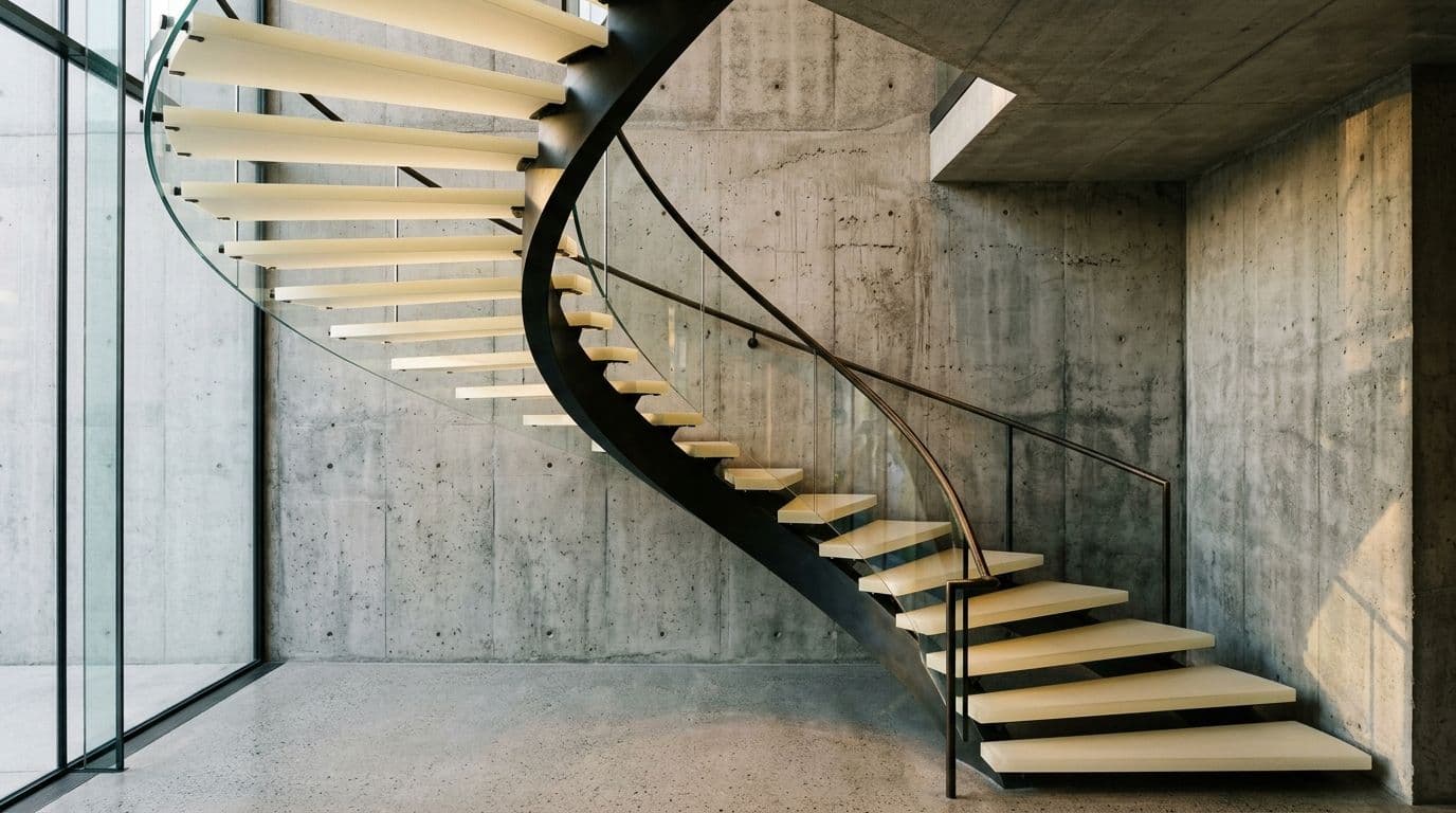 Cream back-painted glass staircase against a raw concrete wall