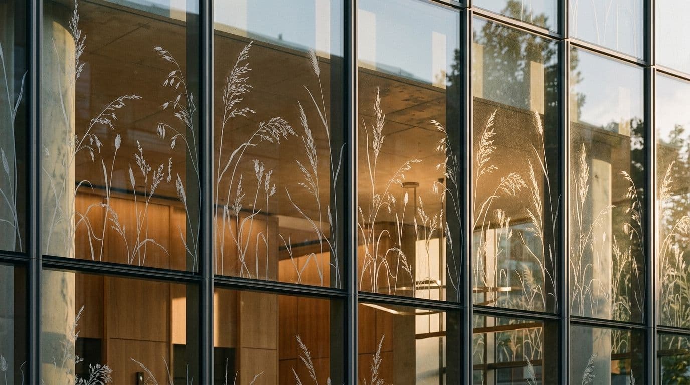 Glass façade silk-screened with botanical pattern