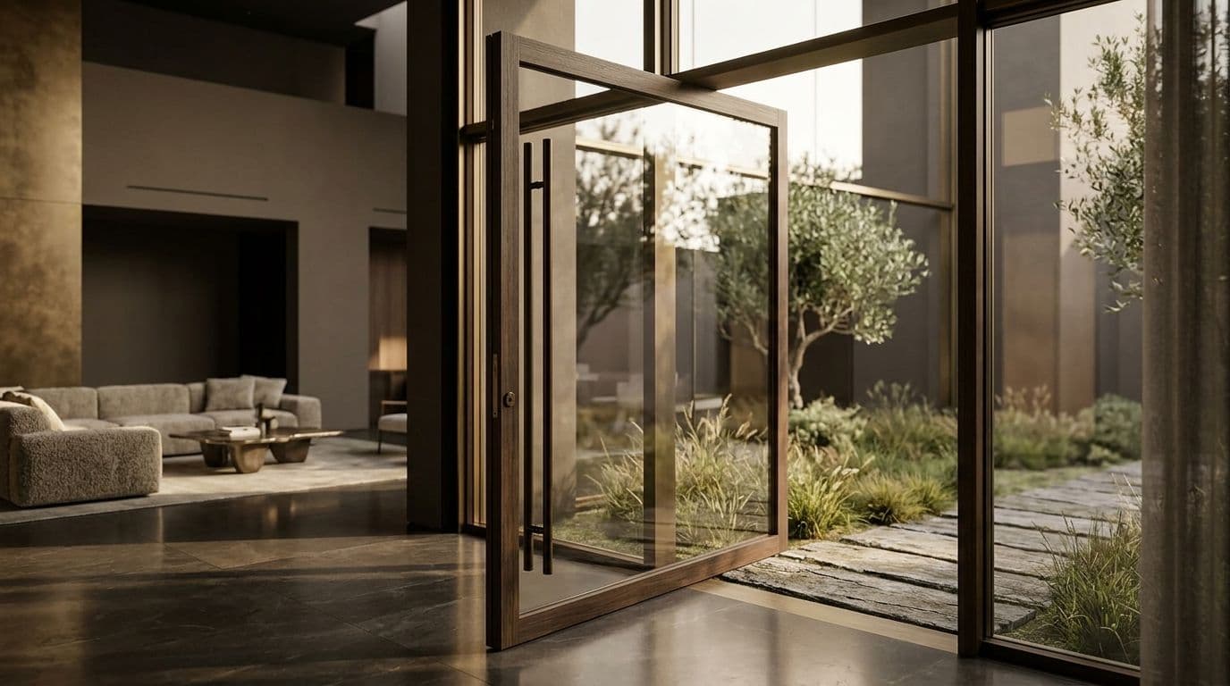 Wide interior with a fully opened floor-to-ceiling pivot door framing a courtyard view