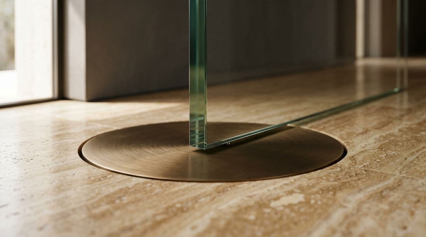 Macro detail of a concealed bronze pivot mechanism at the base of a heavy low-iron glass door