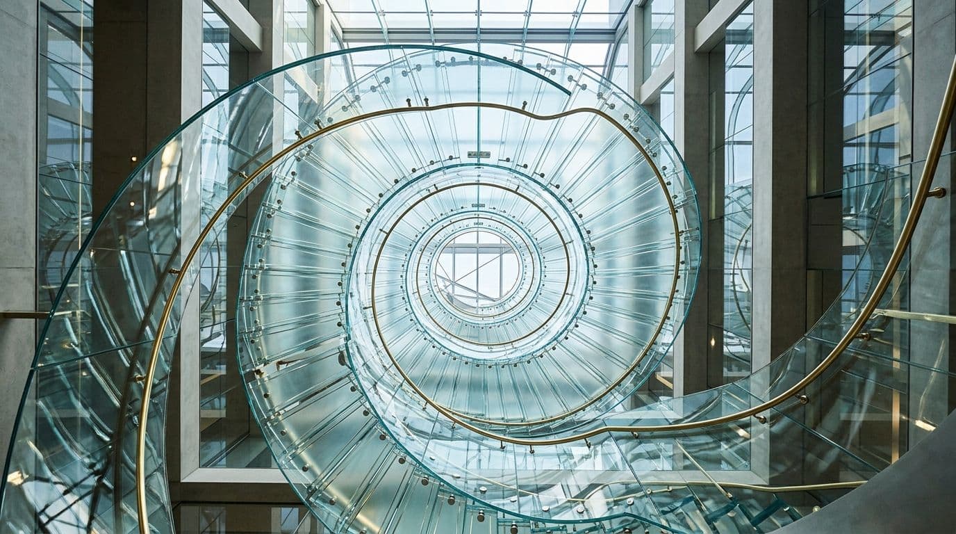 Looking up the underside of a helical glass staircase