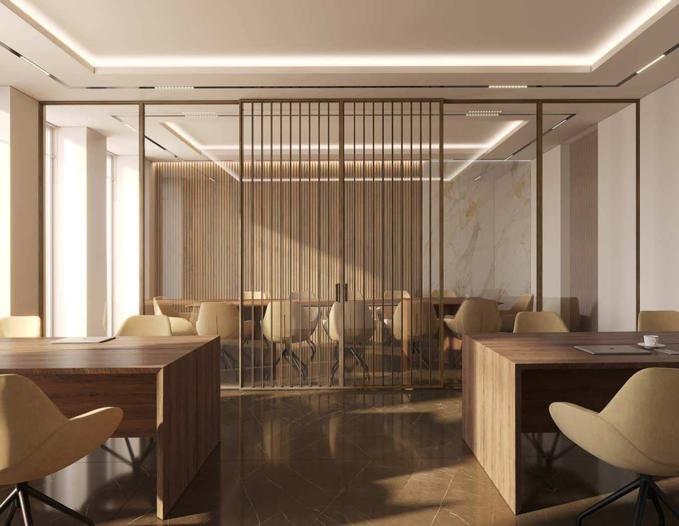 Shoji synchro sliding partition in a boardroom