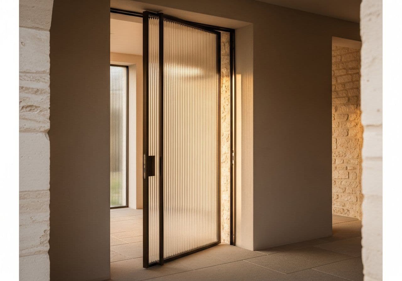 Heavy pivot door in fluted glass with a dark bronze frame at an entry threshold