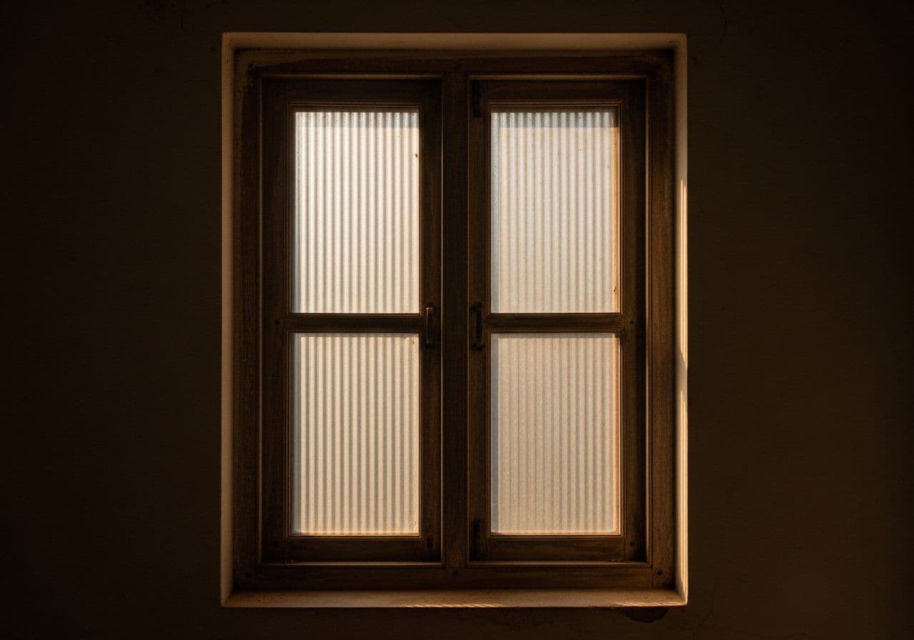 Vintage ribbed fluted glass in an aged teak window frame